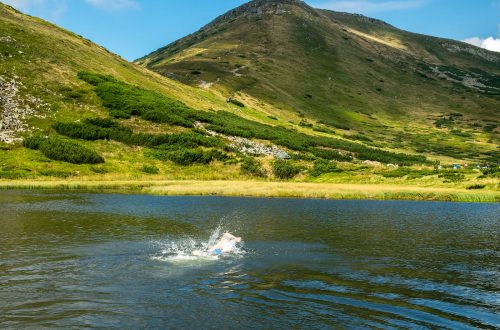 Swimming in the mountain lake Nesamovyte