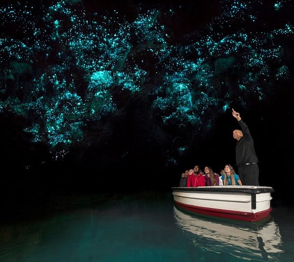 Туристы в лодке в пещере светлячков, фото 2017