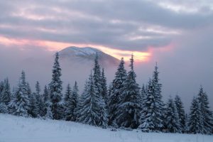 Захід сонця в зимових Горганах. Похід в Карпати з гідом. Позаду гора великий Канусяк